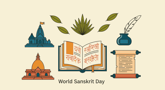 Celebrating World Sanskrit Day with traditional Indian architecture and literature elements