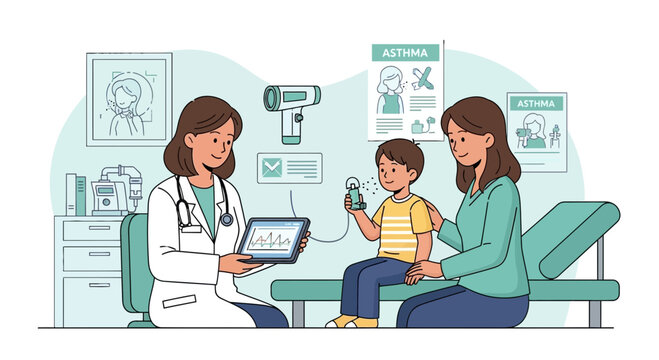 Doctor examining child with asthma, mother present in clinic, medical check-up