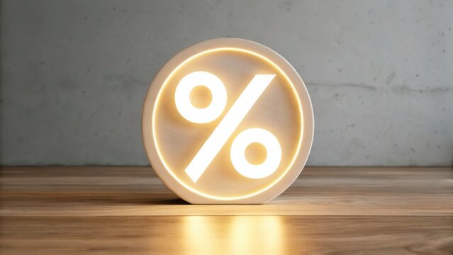 A glowing percentage symbol stands on a wooden surface against a simple gray background, illuminated with warm light.