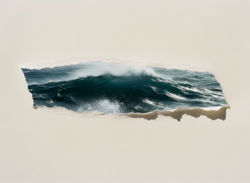 Breaking wave of ocean revealed through torn hole in paper. Stormy sea water splashing inside white background. Concept of freedom and hidden reality. Surreal art composition for design.