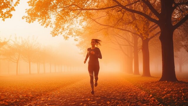 Woman running through a foggy autumn park path
