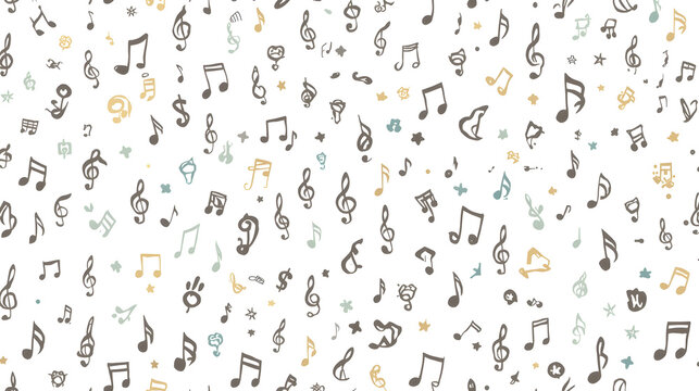 A whimsical and charming pattern of hand-drawn musical notes and symbols scattered across a white background.