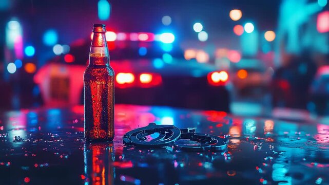 Close up bottle with handcuffs on wet asphalt with flashing police lights in background cinematic night scene illustrating crime law enforcement and consequences of alcohol abuse and illegal behavior