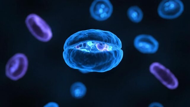 Microscopic view of glowing blue cells.