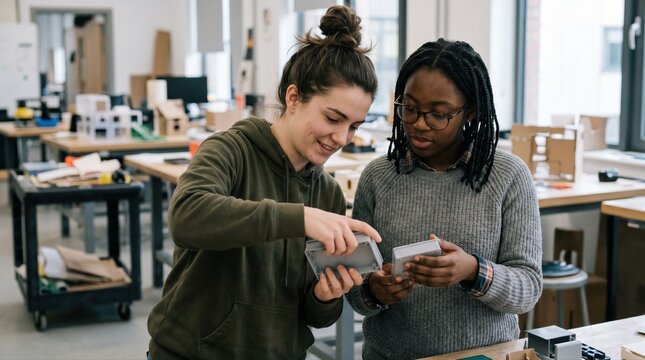 Designers testing clip joints on a lightweight electronics casing demonstrating quick assembly and disassembly for ecofriendly packaging innovations.