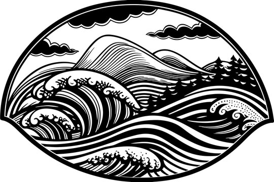 Stylized illustration of large ocean waves crashing in a circular frame with mountains and clouds