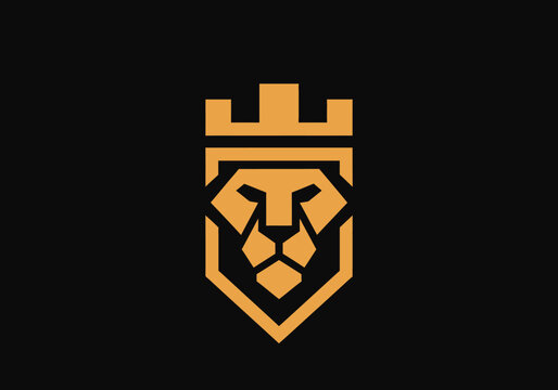 Geometric lion head wearing crown in gold shield crest