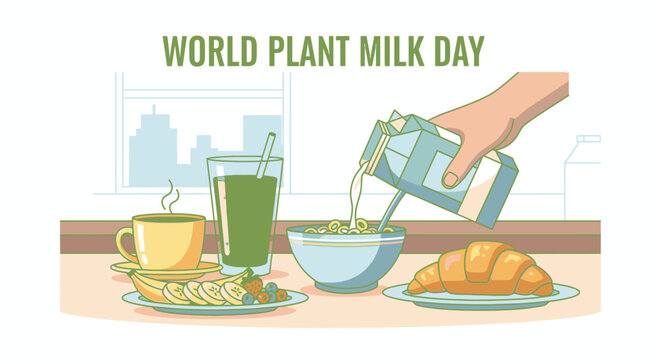 A hand pours plant-based milk into a bowl on a table with breakfast foods.