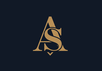 Fototapeta premium Gold intertwined AS monogram logo on dark navy background