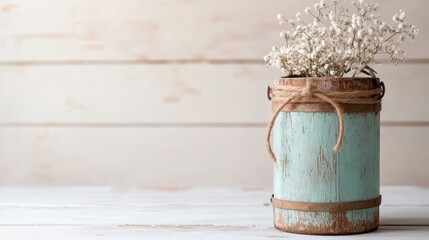 Naklejka premium This rustic vase, featuring delicate white flowers, adds a charming touch to any decor with its vintage appeal and calming color palette, perfect for interior design inspiration.