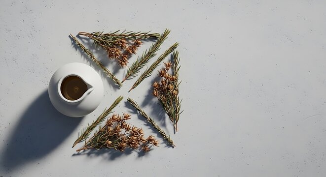 Minimalist top view of cistus essential oil in a white ceramic jar accompanied by dried rockrose branches arranged on a textured light grey background