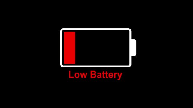 Battery Low Alert Icon. Low Battery Text Icon Animation on Black Background for Digital Tech Projects