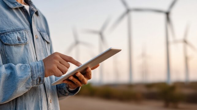 Person in denim jacket using tablet device outdoors with wind turbines in the background during sunset, showcasing renewable energy technology and modern communication