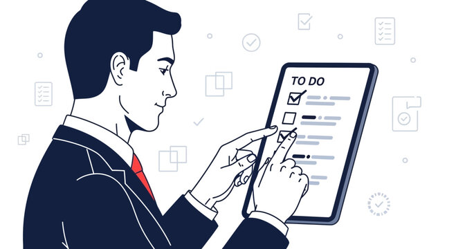Businessman checking to-do list on tablet, planning tasks, organization