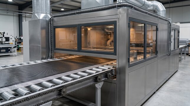 Medium shot of composite material curing in a conveyorized oven featuring powered roller conveyors and a sleek insulated enclosure.