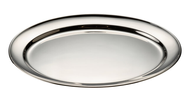 Shiny polished silver oval platter with raised rim, isolated on transparent background