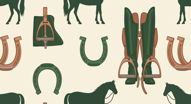 equestrian pattern with horseshoes boots and stirrups on a cream background