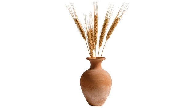Ears of wheat in a terracotta vase, isolated on transparent background