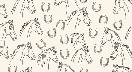 Fototapeta premium seamless pattern of horse heads and horseshoes in outline drawing style on a beige background