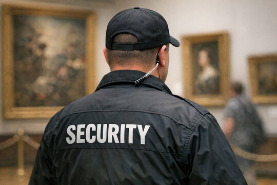 Security guard stands alert in art gallery. He wears black jacket with "SECURITY" printed back. Frames line the walls behind him. He monitors the space vigilantly. Framed paintings hang in soft light