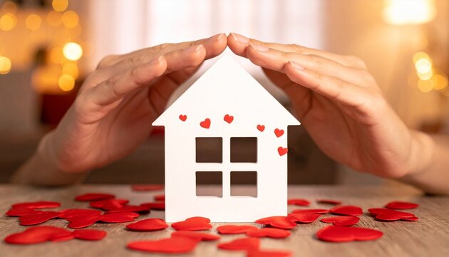 &ldquo;A hand gently holds a small white house with a heart cutout, red hearts floating upward into warm light. The blurred living room background radiates comfort, symbolizing love, family, and the warmth 