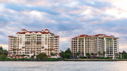 Fisher island cityscape. Luxury building of Fisher island, Miami. Miami beach cityscape. Miami on sunset, Florida. Sunset view of Fisher island. Luxury condominiums © be free