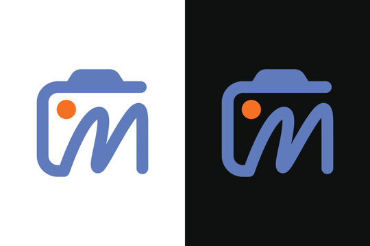 A creative vector monogram combining the letter M with a camera aperture and lens icon. 