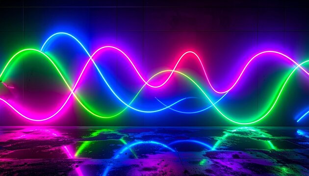 &ldquo;Colorful neon waves in blue, green, pink, and purple intertwine across a dark background, their reflections glowing on the floor. The flowing curves resemble mathematical sine patterns, merging scien