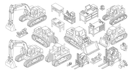 Obraz premium construction machinery and heavy equipment a detailed isometric illustration with line art of workshop equipment perfect for industrial design.