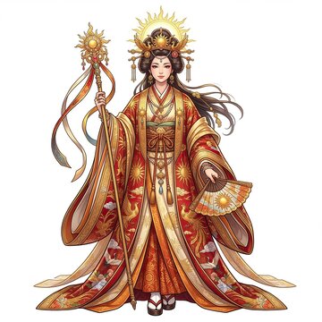 Illustration of the Japanese sun goddess Amaterasu wearing a majestic red and gold kimono while holding a celestial staff