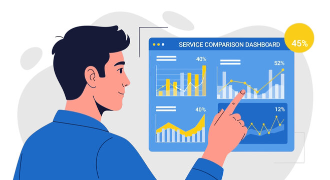 Man analyzing service comparison dashboard with charts and data