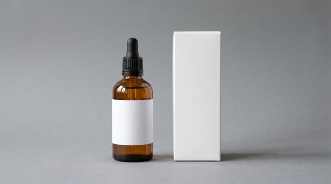 Brown glass bottle with dropper and rectangular box on gray surface for skincare or health product