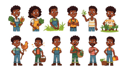 Cultivating Young Farmers: A collection of diverse, young farmers engaged in a variety of agricultural activities, set against a pristine, light background. © Nirob