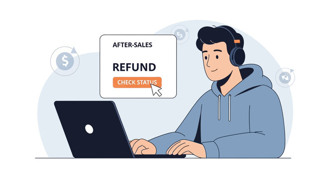 Man checking refund status online after sales support on laptop with headphones