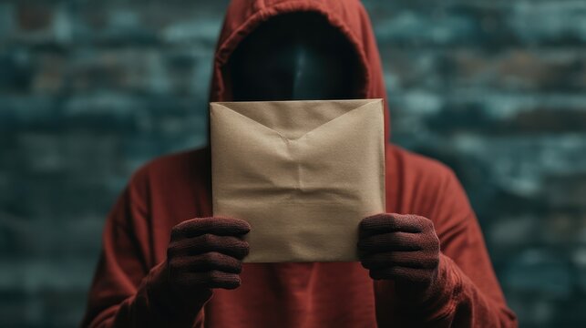 A cloaked figure with a shadowy face holds a sealed envelope, representing secrecy, mystery, and intrigue in a dimly lit urban background that evokes curiosity.