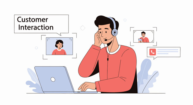 Customer Interaction: Man with headset on laptop, video calls, communication concept