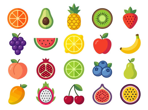 Set of 20 Colorful Flat Fruit Icons Isolated on White; Healthy Organic Food Illustration Featuring Apple, Orange, Banana, Berry, and Tropical Fruits for Web and App Design.