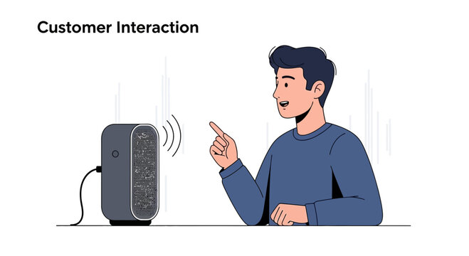 Man interacting with smart speaker, voice command, user experience