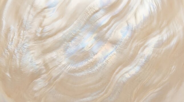 Elegant macro close-up of iridescent mother of pearl nacre texture with soft pearlescent wavy patterns and luxury aesthetic for background