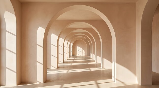 Minimalist modern architectural interior with repeated elegant arches and warm sunlight shadows in neutral beige tones