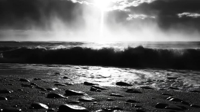 Dramatic black and white ocean waves crashing onto a pebble beach with sunlight breaking through the clouds