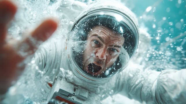 An intense moment captured underwater as an astronaut appears to struggle, conveying themes of isolation, fear, and the challenges faced when exploring the unknown depths of space or sea.