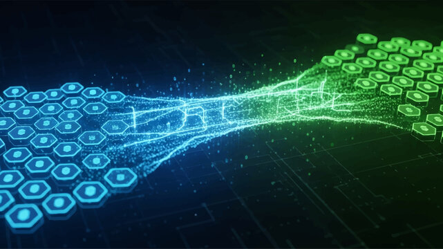 3d blockchain network connecting hexagonal nodes with glowing data flow