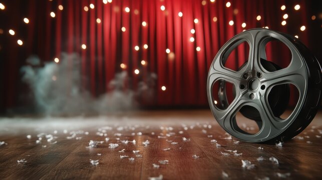 A close-up of a film reel positioned on a stage, surrounded by dramatic lights, symbolizing the art of cinema and the excitement of storytelling through film.