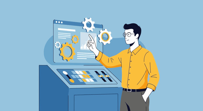 Man using control panel interface with gears and data visualization
