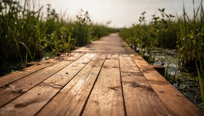 Fototapeta premium Wooden boardwalk trail elevated over marshy ground medium shot focusing on the natural wood grain with softfocus greenery framing the scene.