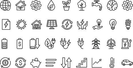 Fototapeta premium Renewable energy and sustainability line icon set with solar power green technology eco home and electric solutions
