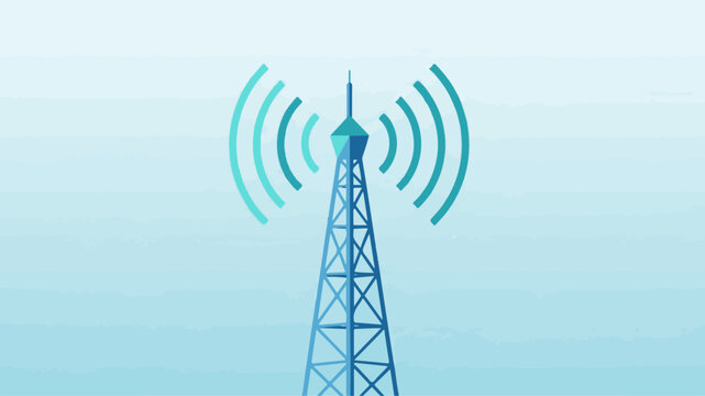 Blue radio tower with signal waves