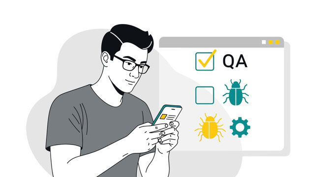 Man with smartphone testing software quality assurance QA with bugs and gears