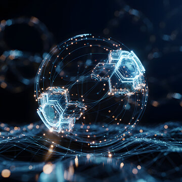 Geometric orb composed of intricate light circuits hovers above a glowing digital network platform.